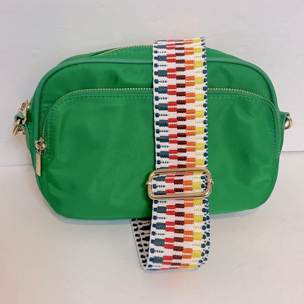 AHdorned Green Crossbody Bag with Patterned Strap